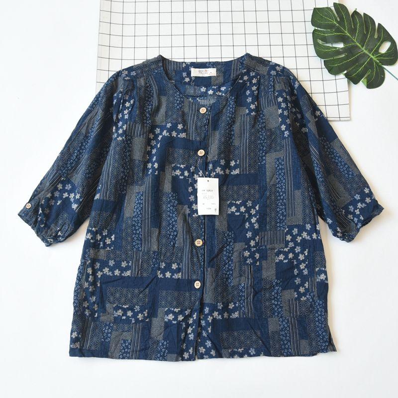 Japanese Single Women's Woven Pure Cotton Printed Homewear Pajamas Tops Summer Thin round Neck Shirt with Half Sleeve Can Be Outwear Cardigan