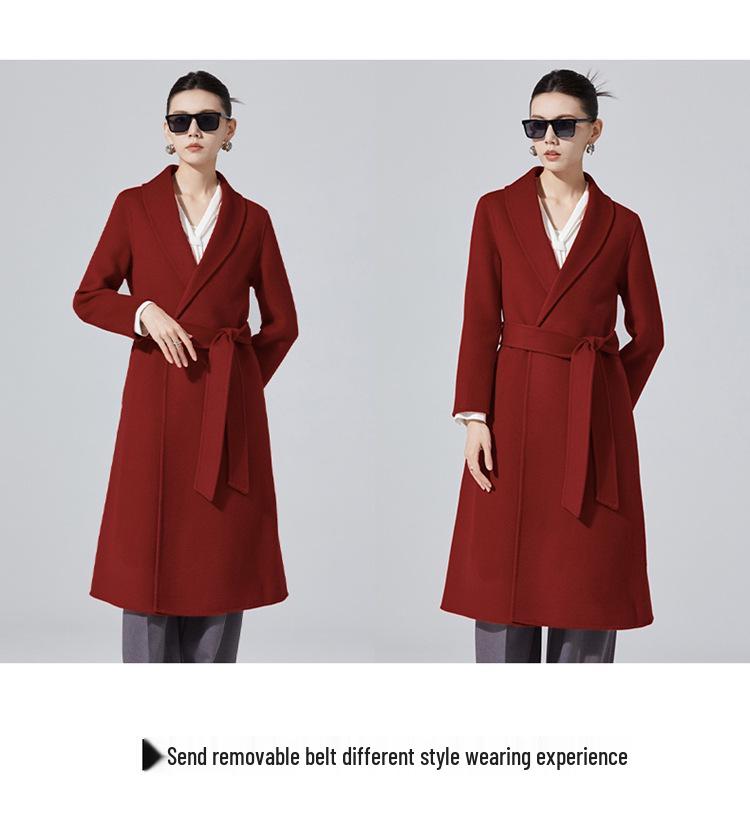 Women's Mid-Length Double-Sided Cashmere Coat - Slim Fit Korean Style Belted Trench, 100% Pure Wool for Autumn and Winter