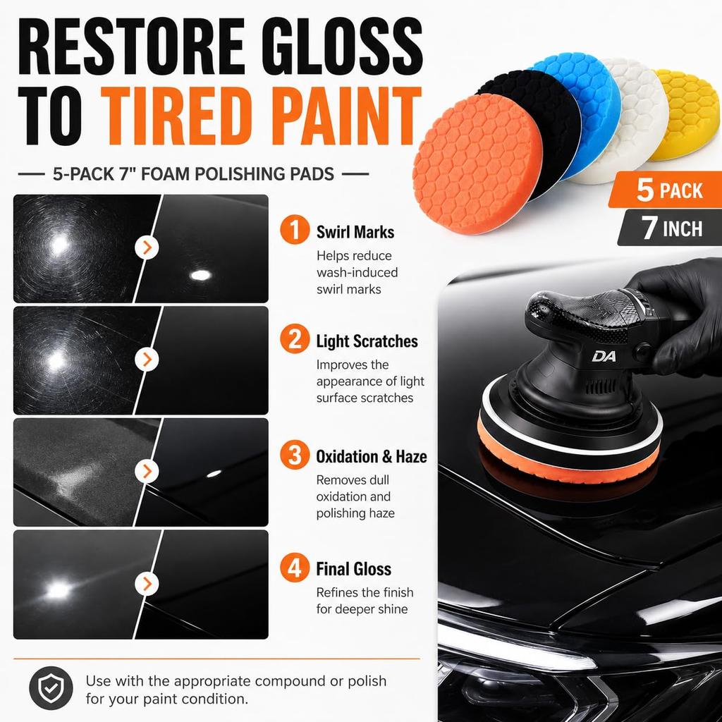 7 Inch Polishing Pads, 5PCS Foam Buffing Pads for 6-7" Backing Plate | Fits DA, orbital & rotary polishers with hook and loop. Heavy cut to wax