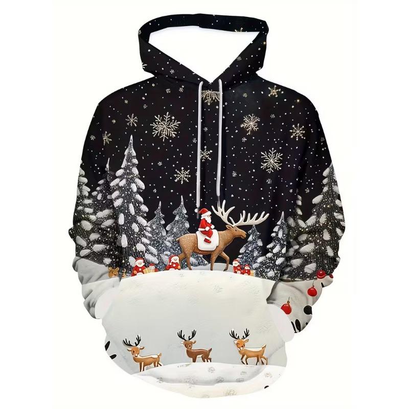 Módní pánská vánoční mikina s kapucí a stahovací šňůrkou z polyesterové tkaniny pro sváteční nošení s dlouhým rukávem a 3D potiskem