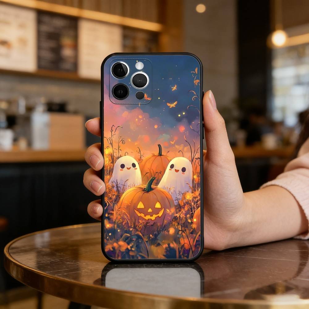 C-Cute Ghost Halloween Phone Case For iPhone 17,16,15,14,13,12,11 Plus,Pro Max,Soft Silicone Black Cover