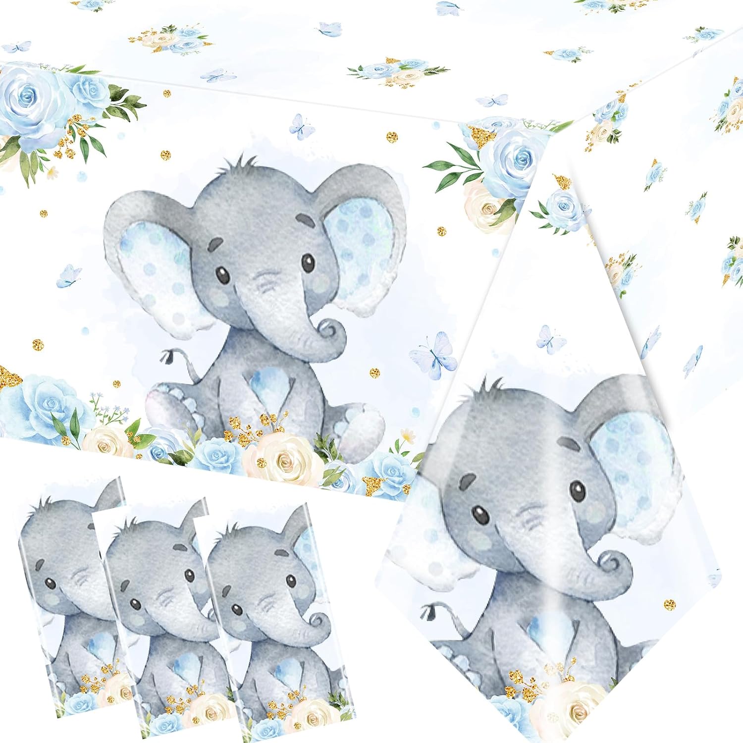 Juweked 3 Pcs Blue Elephant Baby Shower Tablecloth for Boy It s A Boy Baby Shower Tablecloth Gender Reveal Decor, 70.8  x 42.5