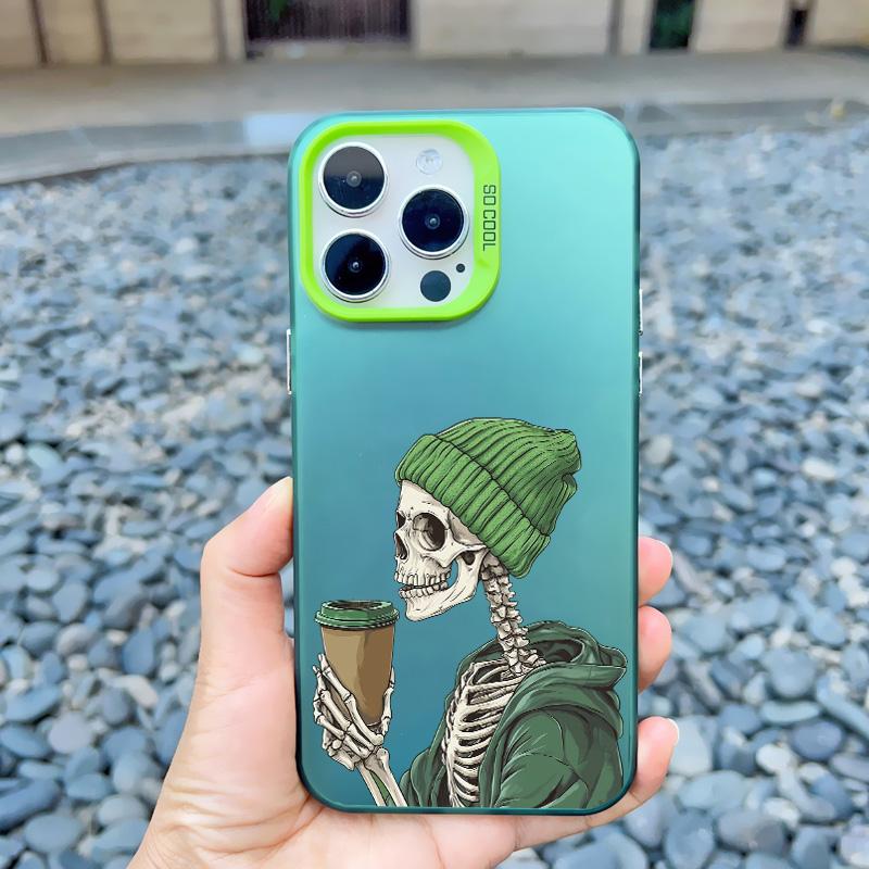

Green Skull Skeleton Drinking Coffee Phone Case for iPhone 16 15 14 Pro Max Plus 11 12 13 Pro Max Mini Shockproof Laser Covers iphone 16Pro