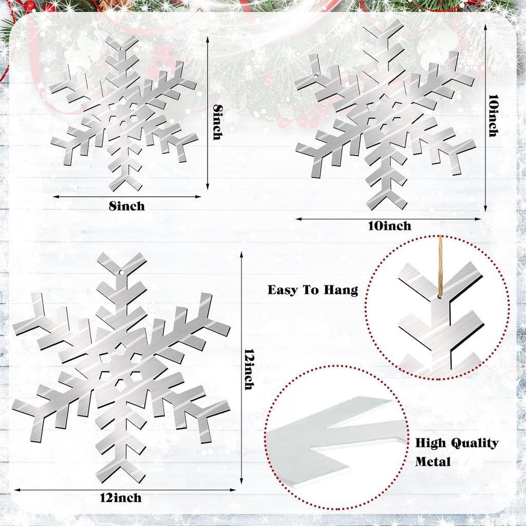 3 Pcs Metal Snowflake Wall Decor Winter Large Snowflake Decorations 12 10 8 Silver Rustic Snow Hanging Ornaments Farmhouse Metal Snow Flake on Rope
