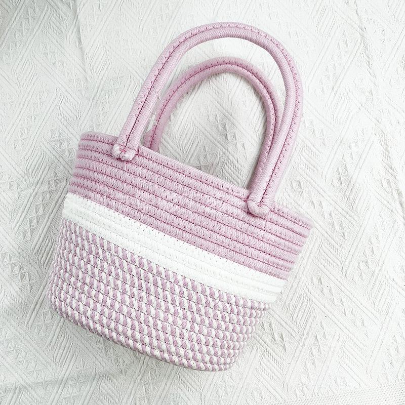 Retro Khaki Color Matching Portable Cotton Thread Bag Girl Versatile Portable Women's Bag Cotton Rope Woven Bag