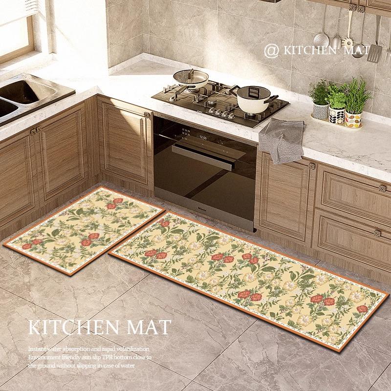 Washable Non-slip Kitchen Rug Pvc Leather Waterproof Anti-slip Floor Mat Long Rugs Oil-proof Foot Mats Pink Flower Home Carpet