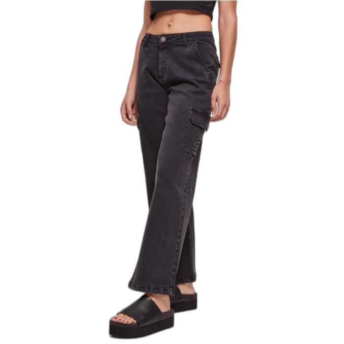 Pantalon cargo - Urban Classics - Femme - Taille haute - Denim extensible - Noir