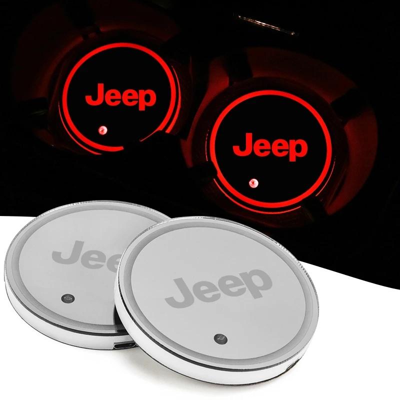 2PCS Waterproof Anti-Slip LED Car Cup Holder Luminous Coaster for Jeep Renegade Wrangler JK JL Grand Cherokee Compass Gladiator ANR1