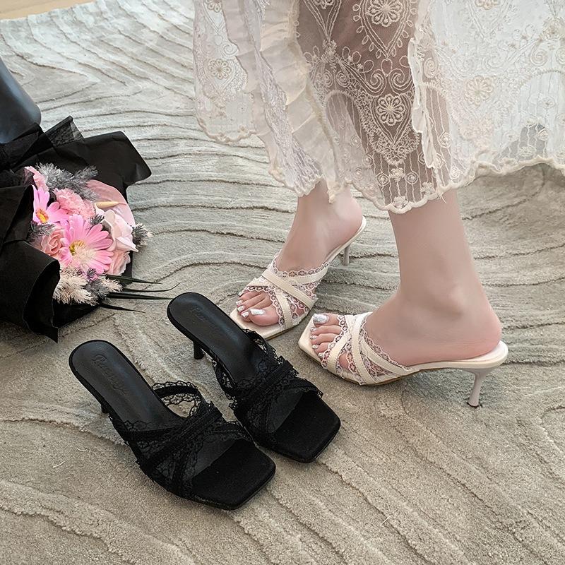 Retro thin heels cool slippers women's summer wear new versatile skirt lace bow high heels