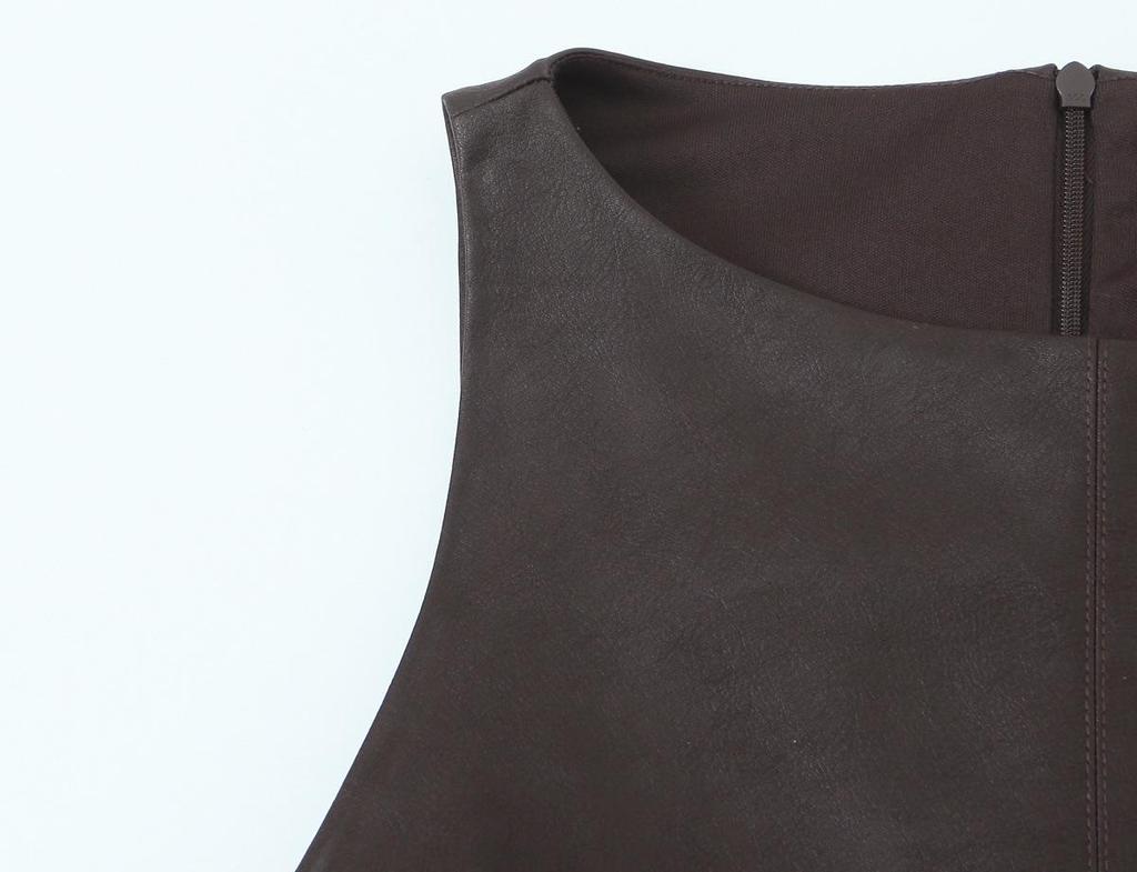 2025 Herbst/Winter Europäisches Damen-Leder-Ärmelloses Kleid mit Taillenraffung