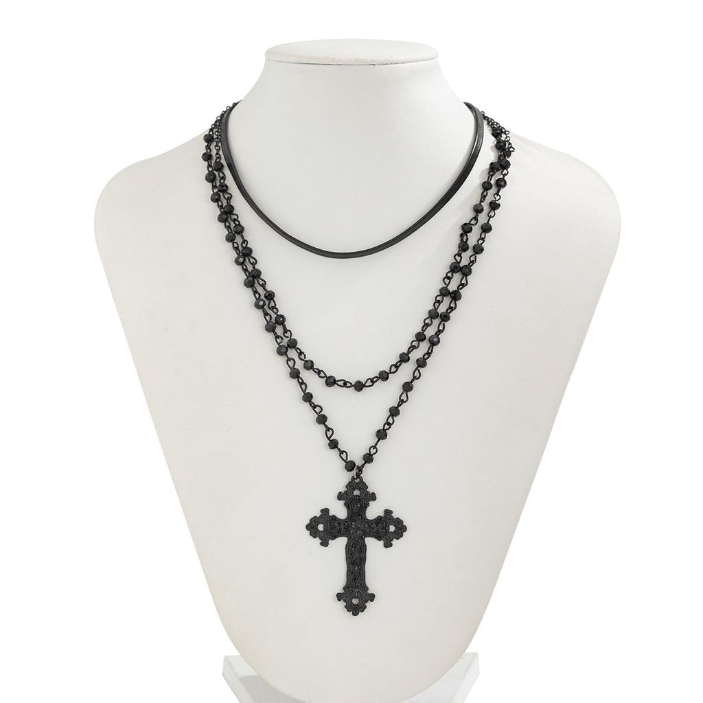 Gothic Dark Imitation Crystal Beaded Cross Pendant Necklace Women'S Retro Multi-Layer Necklace