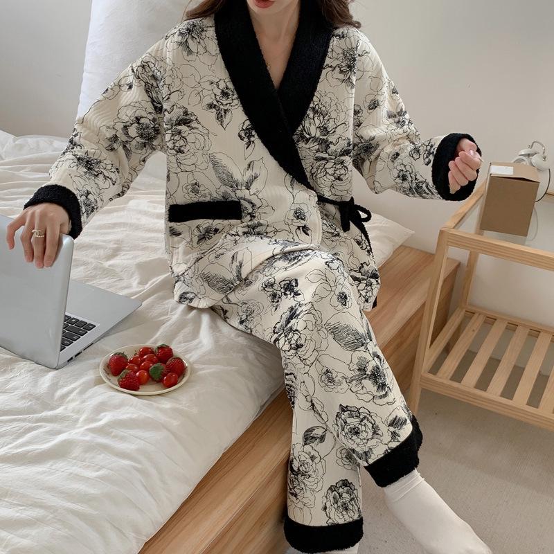 Plus Size Maternity Kimono Pajamas - Autumn/Winter Cotton for Postpartum & Breastfeeding