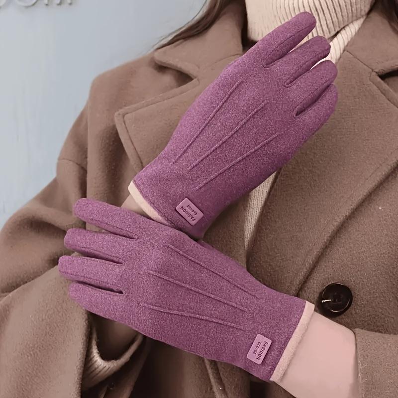1 Pair of Thermal Fleece-Lined Polyester Gloves for Women, Touchscreen Compatible, Elastic Warm Outdoor Driving and Cycling Gloves