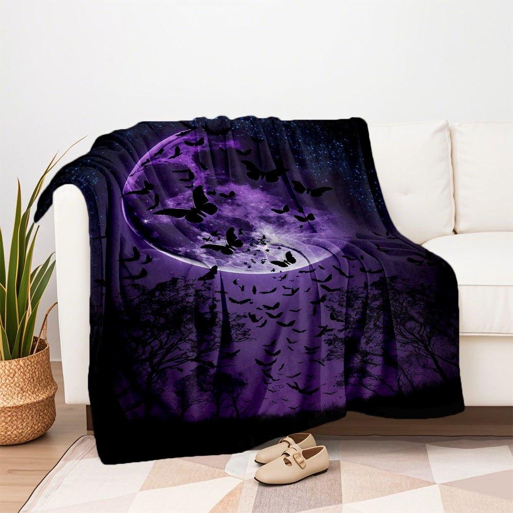 Purple Moon Butterfly Wall Art Print Poster DecorBlanket Flannel Throw Blanket for Sofa, Bed, Travel, Camping, Office