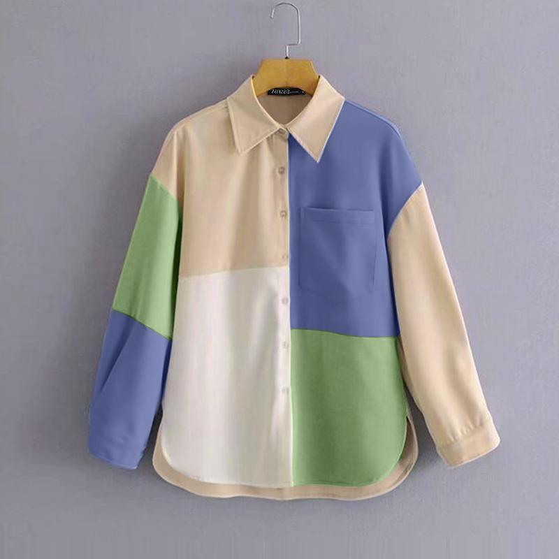 

ZANZEA Женские рубашки с воротником-стойкой и длинным рукавом в винтажном стиле с контрастными вставками S синий