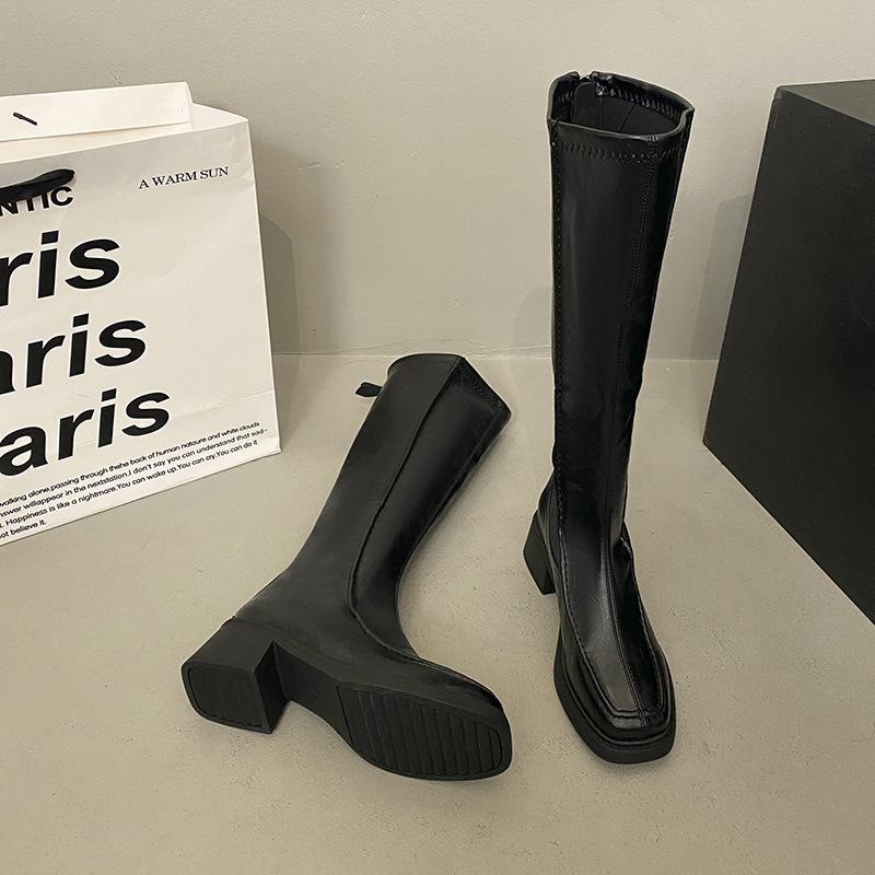 

Винтажные ботильоны на толстом каблуке и среднем каблуке, женские ботинки из мягкой кожи, осень 2025, с длинными голенищами и квадратным носком, на молнии сбоку, рыцарские ботинки 40 чёрный