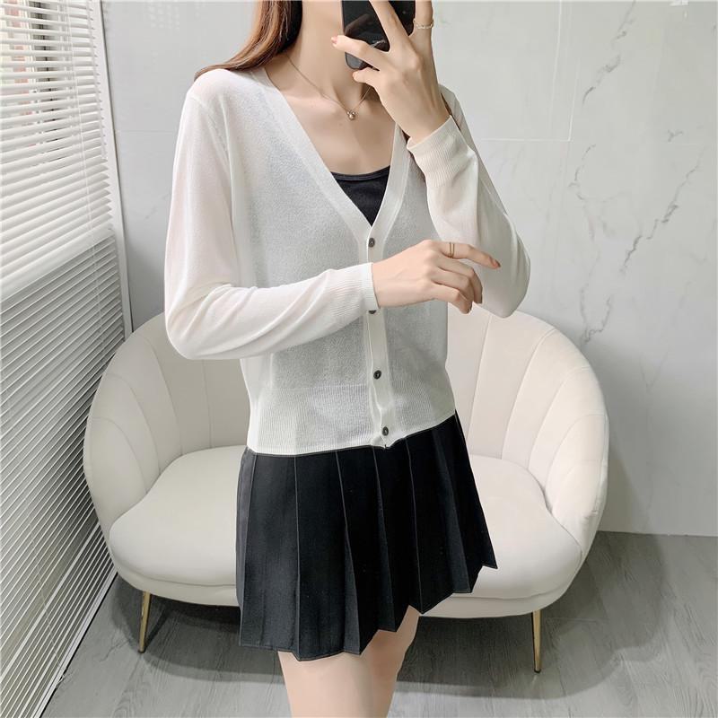 Ice Silk Light Knit Summer Cardigan - White, Slim Fit Sun Protection with Long Sleeves