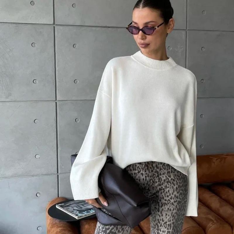 VEZFAA Women's Fashion Casual Fall Winter Solid Color Print Long Sleeve O-Neck Sweaters