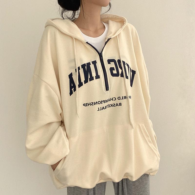 Damen Reißverschluss Hoodie Loose Top Fashion Brief Print Pullover Harajuku Y2K Sweatshirt