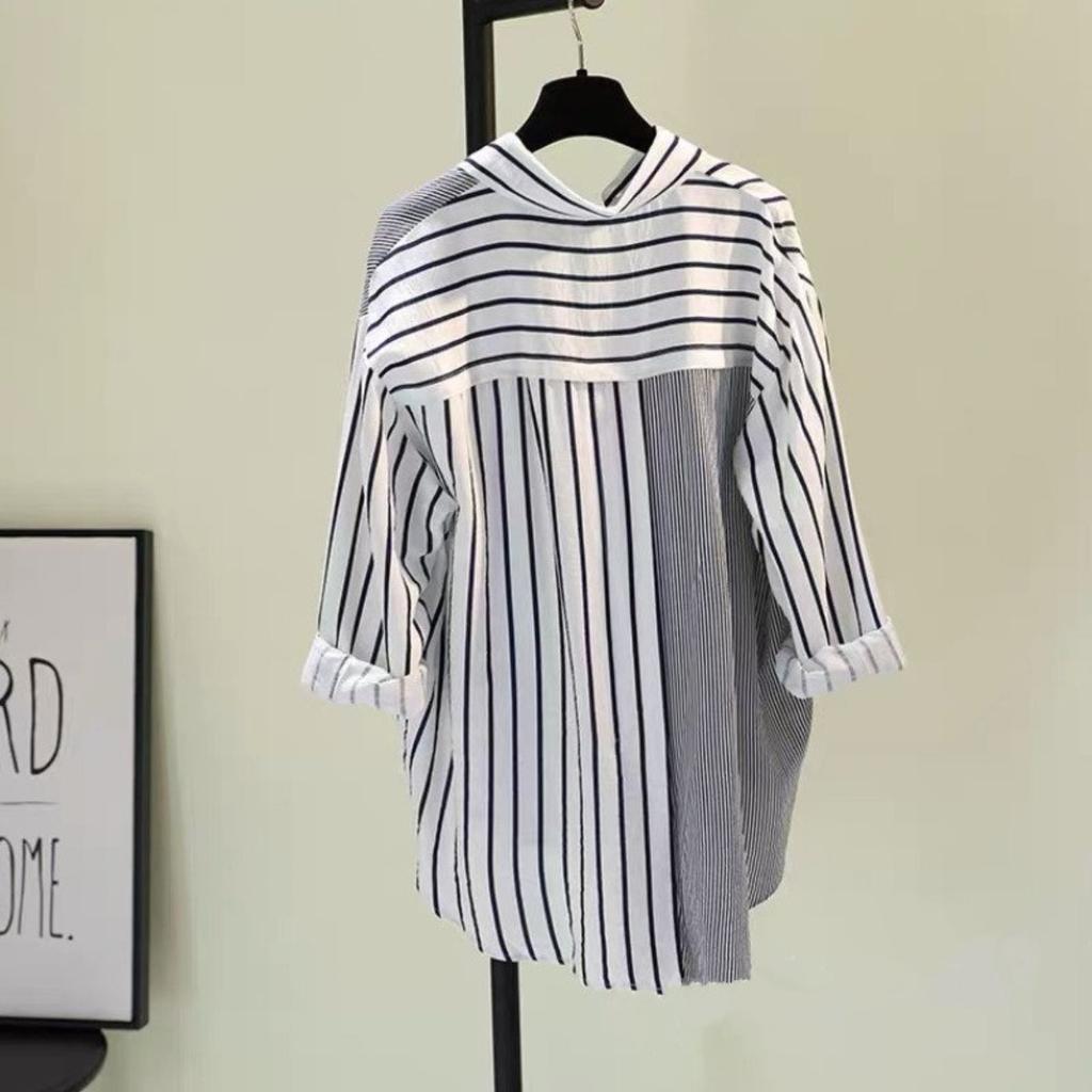 Cotton and Linen, Single Pocket, Color Blocked, Striped Shirt, Women's, Spring New Style, Loose, Casual Shirt, Top