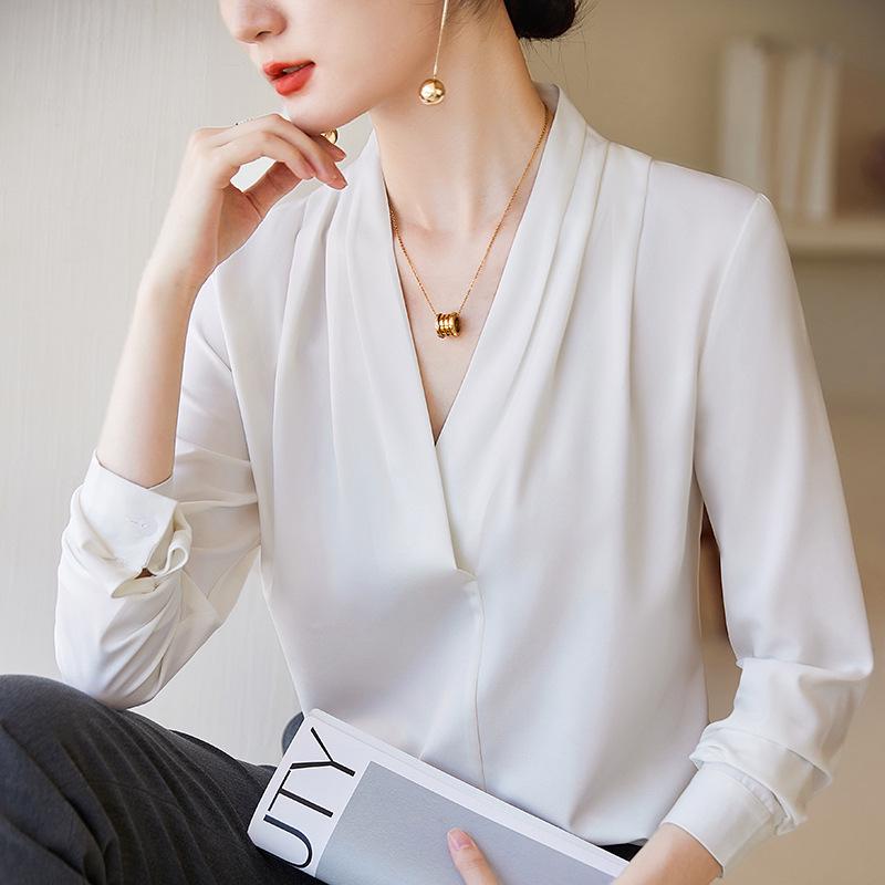 

Women s V-Neck Satin Shirt - Long Sleeve Autumn Pullover Top for Professional Wear XL