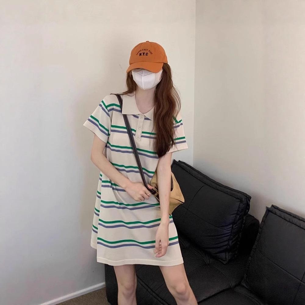Champion rainbow polo collar loose striped knitted skirt women's summer 2026 new Korean age-reducing short-sleeved dress
