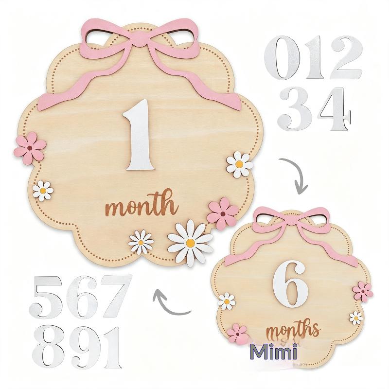 Marqueurs de jalons mensuels pour bébé en bois non toxique, nœud rose, style floral, accessoires adorables pour photos de nouveau-né pour album souvenir