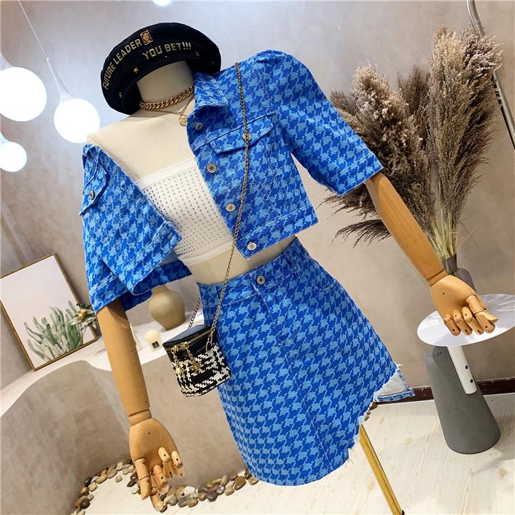 Mode Hahnentritt Anzug Damen Sommer Kurzarmhemd Unregelmäßiger High-Waist Halbrock Zweiteiliger Anzug