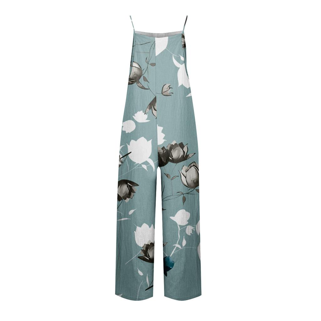 Wide Leg Overalls For Women Casual Loose Sleeveless Print Button Long Pant Romper Jumpsuit With Pockets