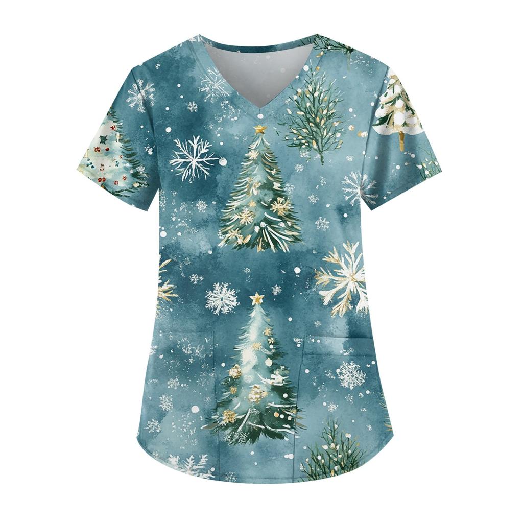 Women's Fashion V-neck Short Sleeve Workwear With Pockets Printed Tops