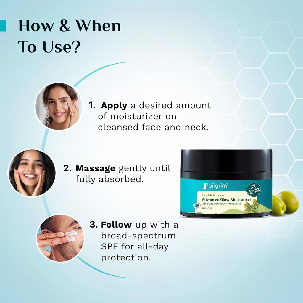 Pilgrim Glow Moisturizer Cream For Face With Brightening Hydration, Lightweight Non Greasy Daily Care For Men Women 50 g