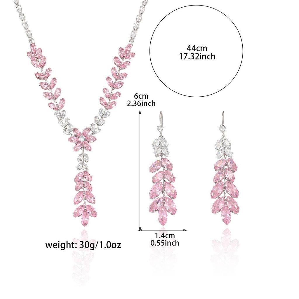 Trendy Zircon Wheat Ear Pink Tassel Jewelry Set – Earrings, Necklace, Clavicle Chain