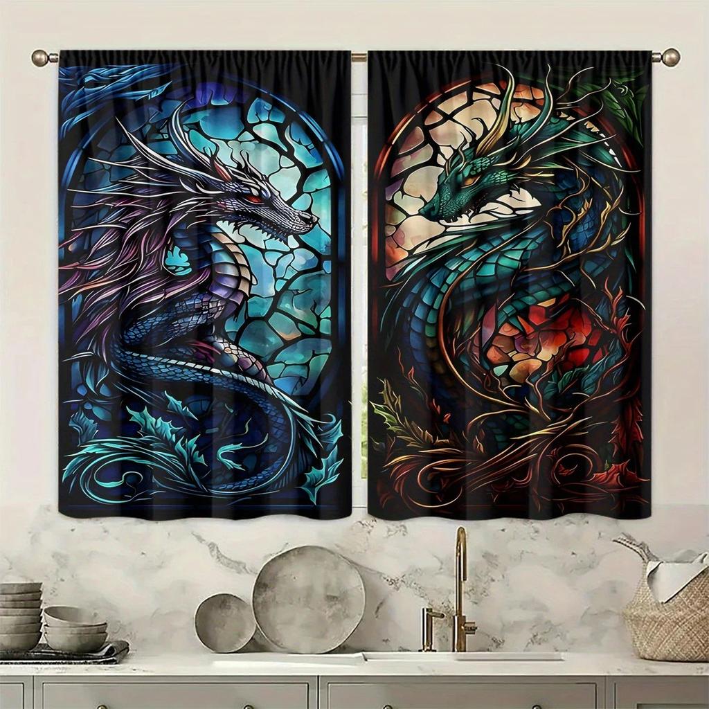 Set Of 2 Vivid Dragon Printed Curtains Polyester Drape Halloween Home Decor Curtain Light Blocking With Rod Pocket