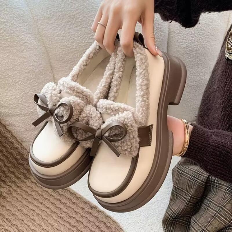 Height-increasing Velvet Small Leather Shoes Women's Winter New Bow Muffin Bottom Mary Jane Shoes Cotton Shoes