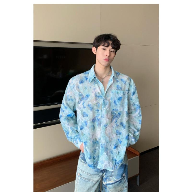 

Men s Blue Floral Print Sheer Button Down Shirt Casual Oversized Streetwear Top M синій