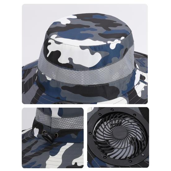 Camouflage Print Sun Hat Wide-Brimmed Shawl Fishing Hat with Dual-Power Fan Design 3 Gear Adjustable UV-Protection Outdoor Hat