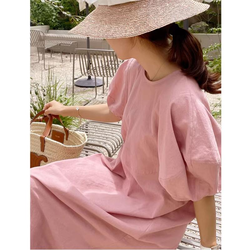 Johnature French Vintage Balloon Sleeve Crew Neck Dress Women Summer Korean Loose Casual Dresses