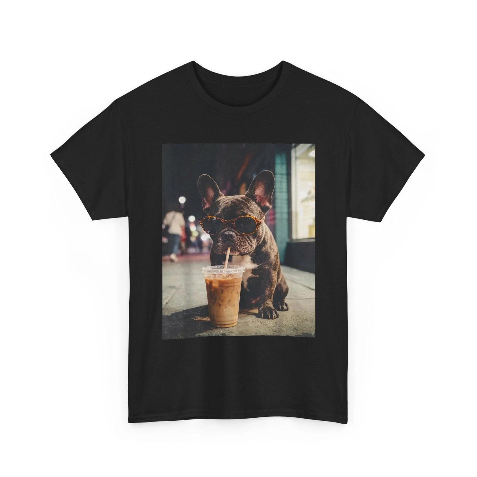 French Bulldog Shirt, Bulldog Drinking Iced Coffee Funny Animals Lovers Shirt 4XL