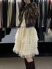 Korean Multi-Layered Ruffle Mesh Midi Skirt - Women's Fluffy Pleated Skirt with Elastic Waist and Drawstring