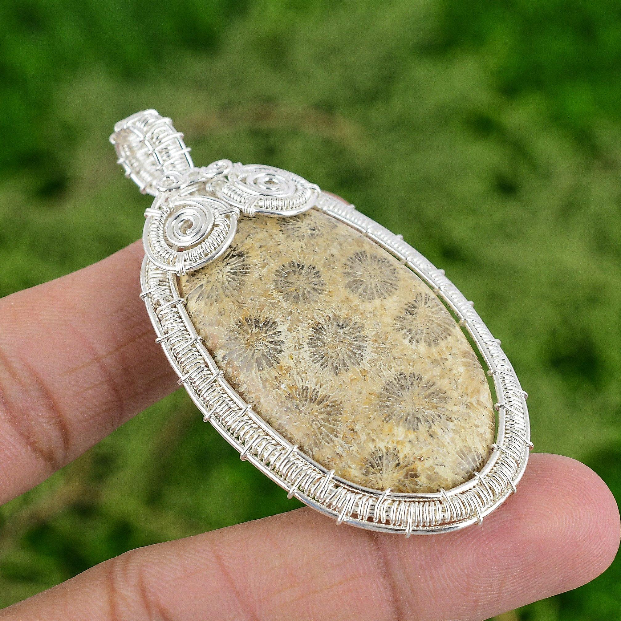 

Sterling Silver Fossil Coral Stone Wire Wrap Bezel Root Chakra Pendant Jewelry