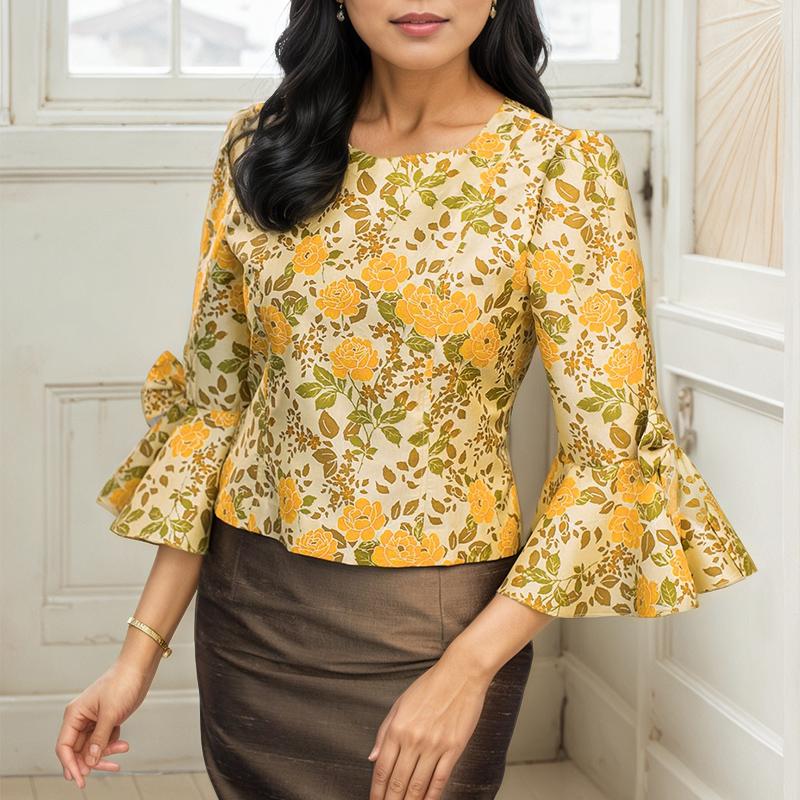 

ZANZEA Повседневная блузка с U-образным вырезом, рукавами-воланами 3/4 и цветочным принтом 2XL