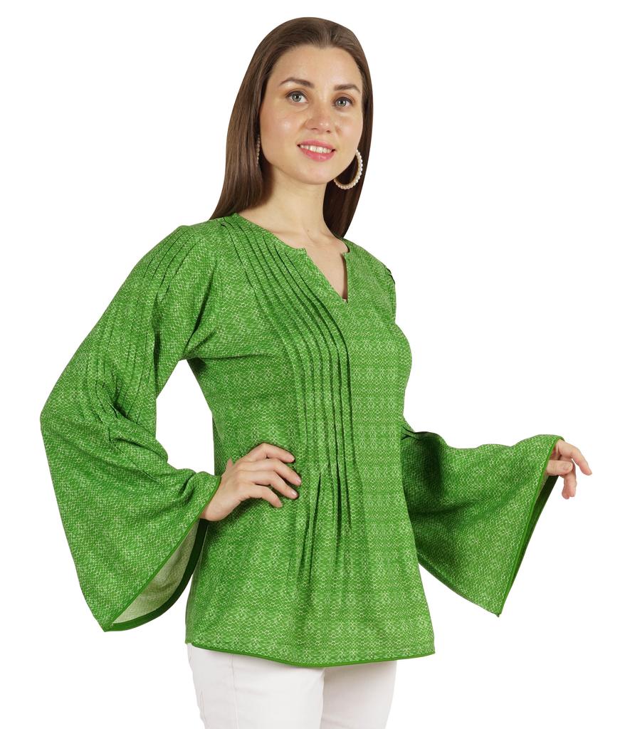 Moomaya Printed Top Full Sleeve Pleated Rayon Kurta Short Tunic Summer Blouse For