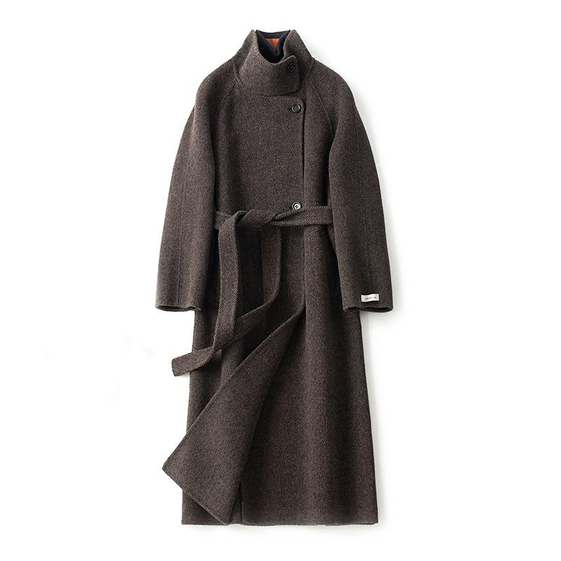 Light luxury royal sister style black double-sided velvet coat women's retro herringbone pattern medium and long wool coat
