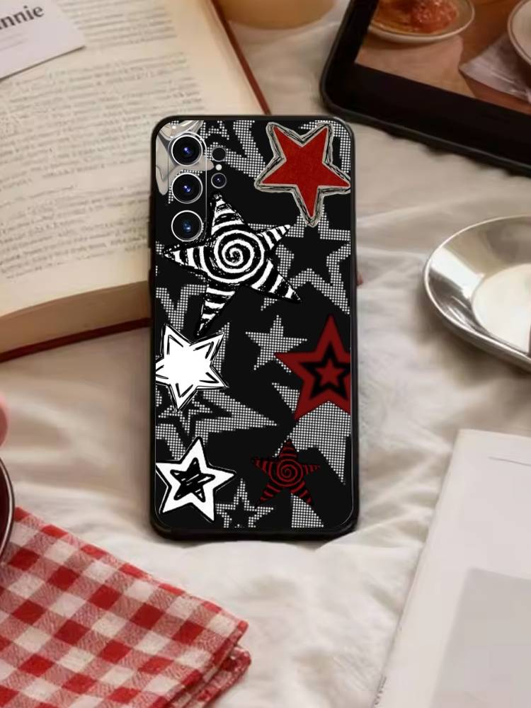 Y2K Cute Strawberry Stars Phone Case For Samsung S26,S25,S24,S23,S22,S21,S20,Plus,Fe,Lite,Others Black Cover