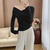 Versatile Plush Winter Thickened Off-Shoulder T-Shirt: Stylish Long-Sleeve with Irregular Design