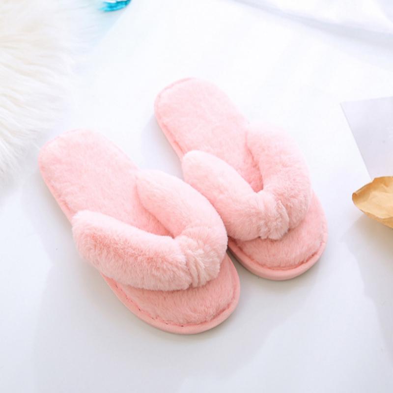Women's winter home plush flip flops, comfortable wooden floor cotton slippers