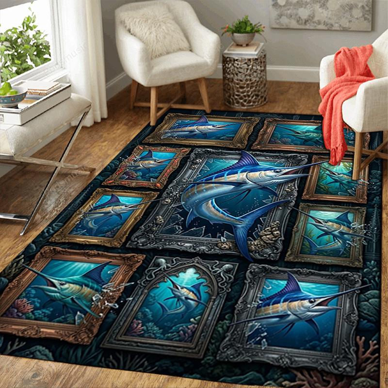 Marlin Fish Art Collection Pattern Rug Floor Mat for Living Room or Bedroom Soft and Comfortable Carpet a Gift for Birthday and Holiday.