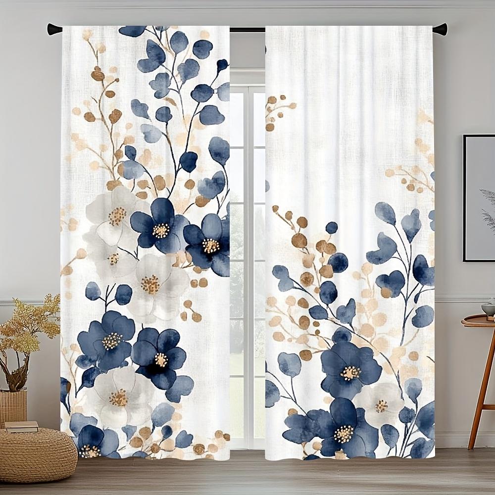 

Комплект из 2 штор темно-синего и золотого цвета с цветочным принтом - Полиэстеровая ткань, Машинная стирка, Подходят для спальни, кухни, гостиной 53x116cm &2pc