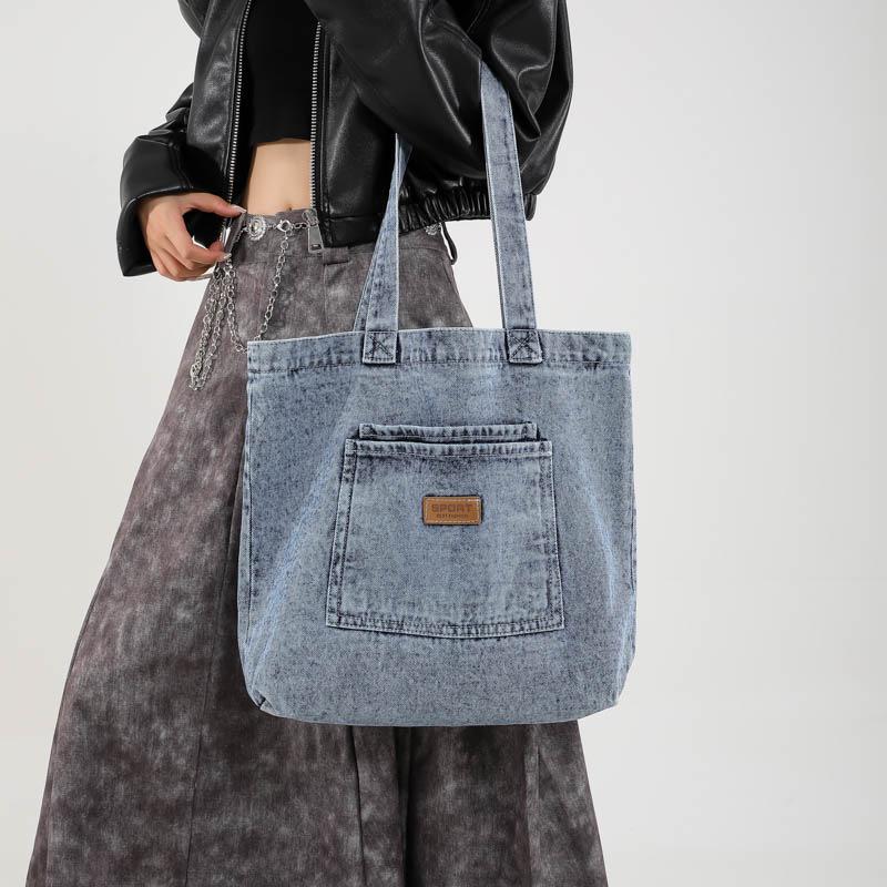 Korean Style Versatile Denim Tote & Crossbody Bag - 2025, Large Capacity Women's Casual Commuter Trend.