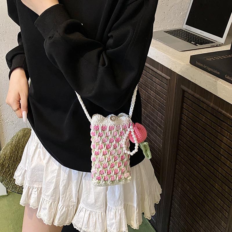 Urban Minimalist Knitted Crossbody Bag With Floral Embroidery And Single Strap For Daily Use